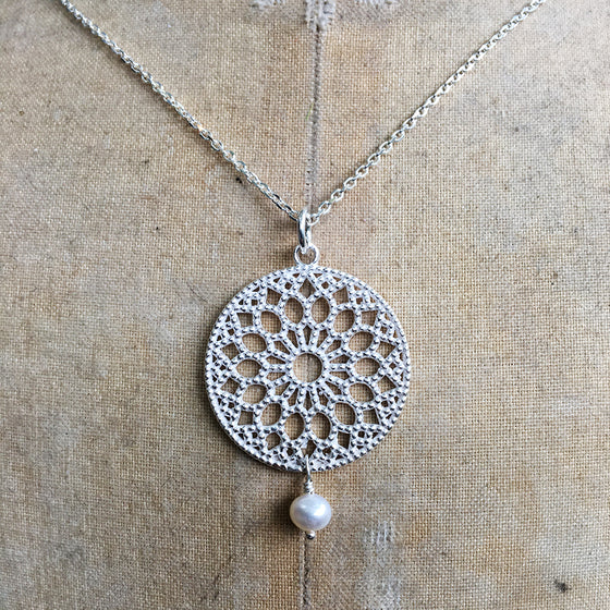 Small Filligree and Drop Pearl Necklace