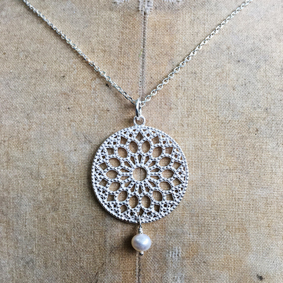 Large Filligree and Drop Pearl Necklace