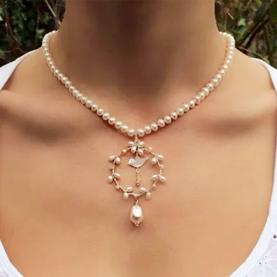 Freshwater Pearl Wreath with Mother of Pearl Bird Necklace