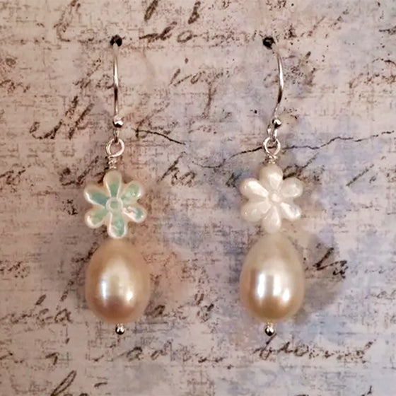 Freshwater Pearl and Mother of Pearl Daisy Earrings on Sterling Silver