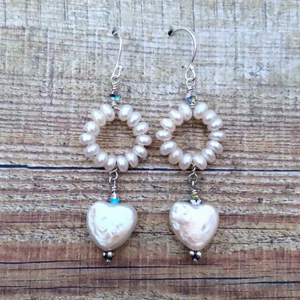 Freshwater Pearl and Swarovski Crystal Hoop and Heart Earrings