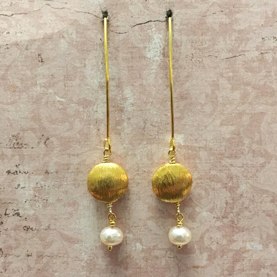 Frosted Gold Disc Bead and Pearl Earrings