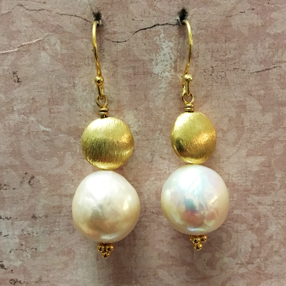 Frosted Gold Disc and Extra Large Pearl Earrings