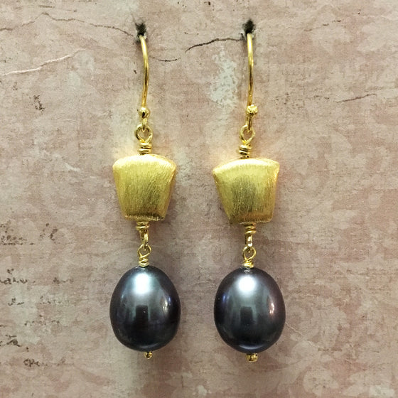 Frosted Gold Shield and Pearl Earrings