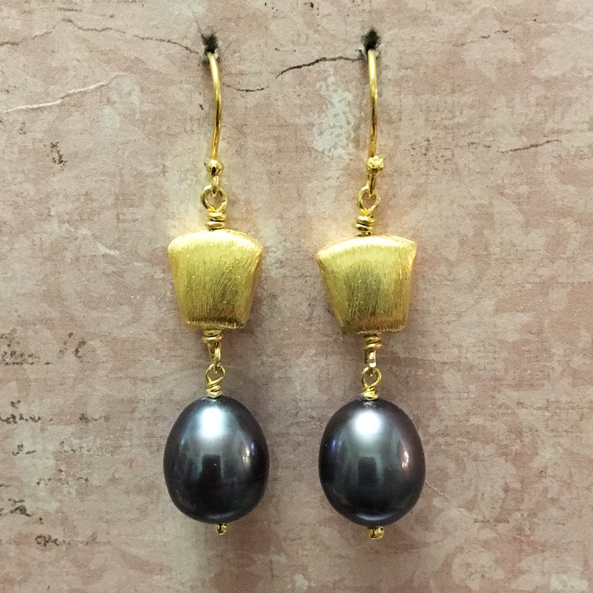 Frosted Gold Shield and Pearl Earrings