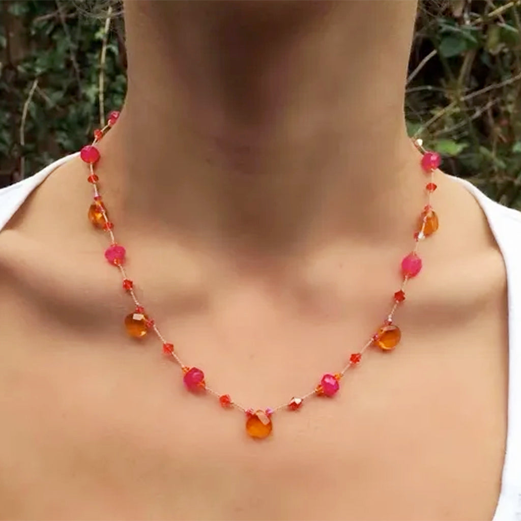 Fuchsia Chalcedony and Orange Quartz Necklace