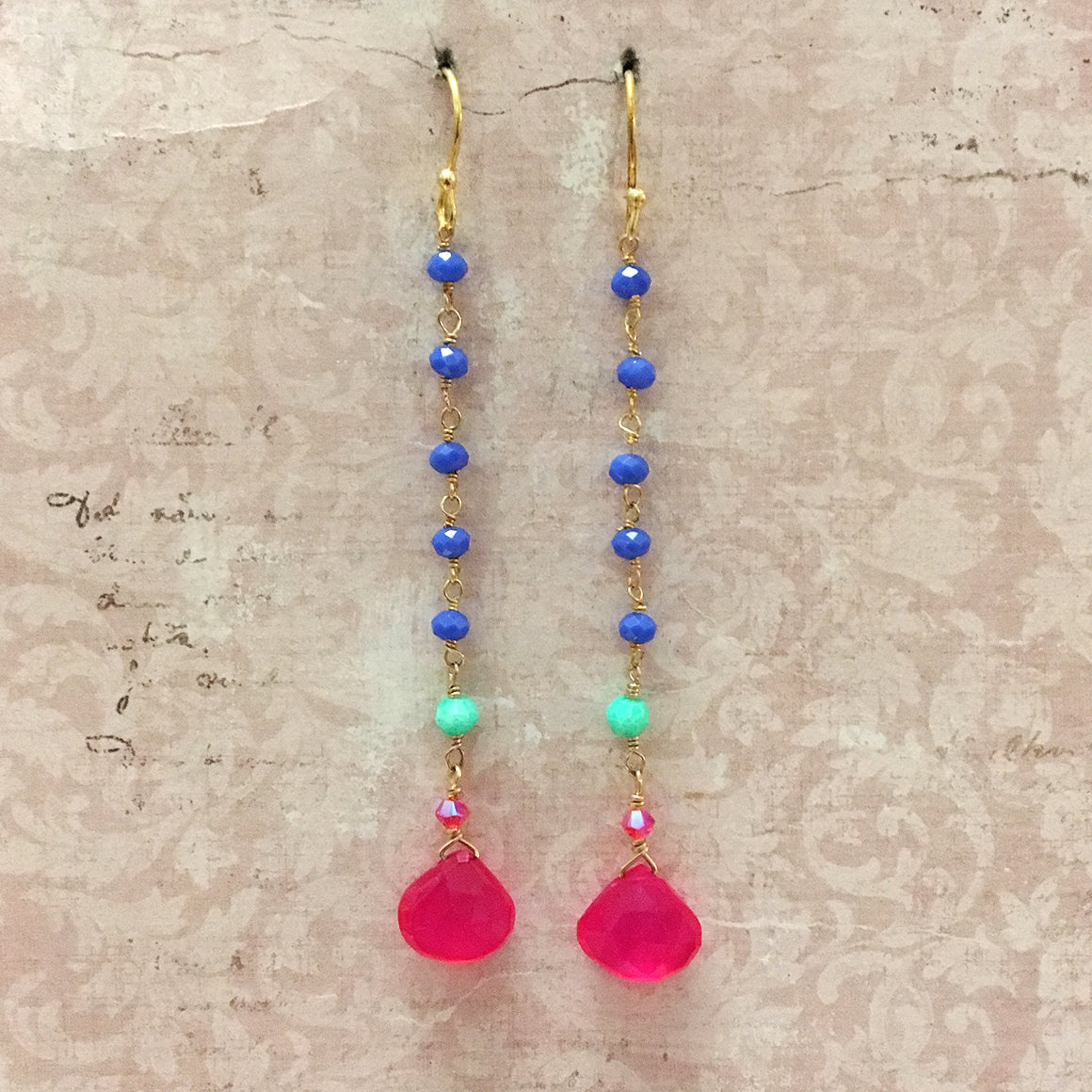 Fuchsia Briolette and Agate Chain Earrings
