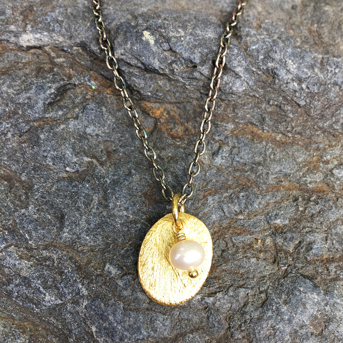 Gold Tag with Pearl on Oxidised Chain Necklace