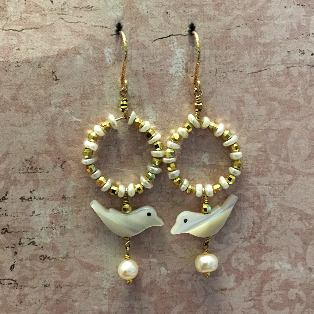 Gold and Pearl Hoop Bird Earrings