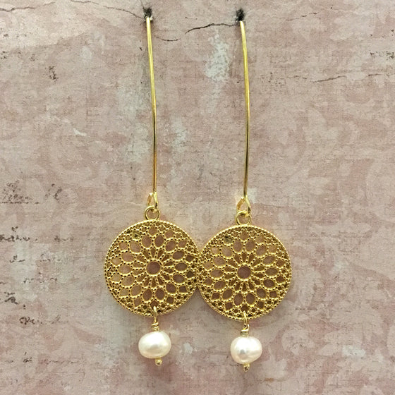 Gold on Silver Filigree Disc and Pearl Earrings