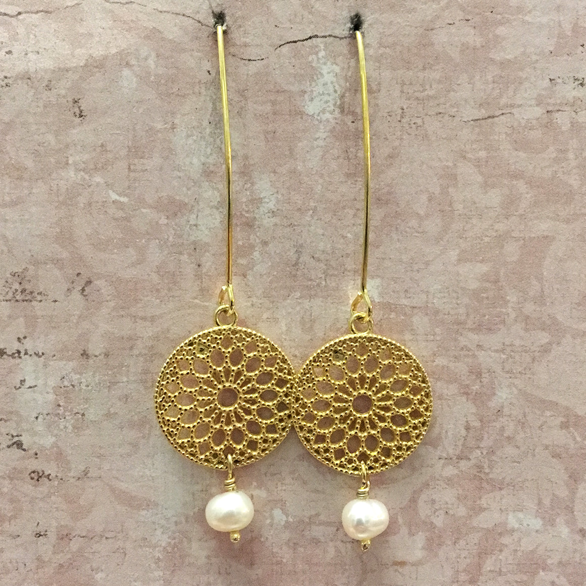 Gold on Silver Filigree Disc and Pearl Earrings