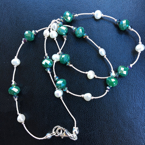 Green Crystal and Pearl Dotted Necklace