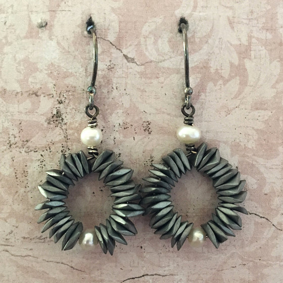 Haematite Hoop and Pearl Earrings