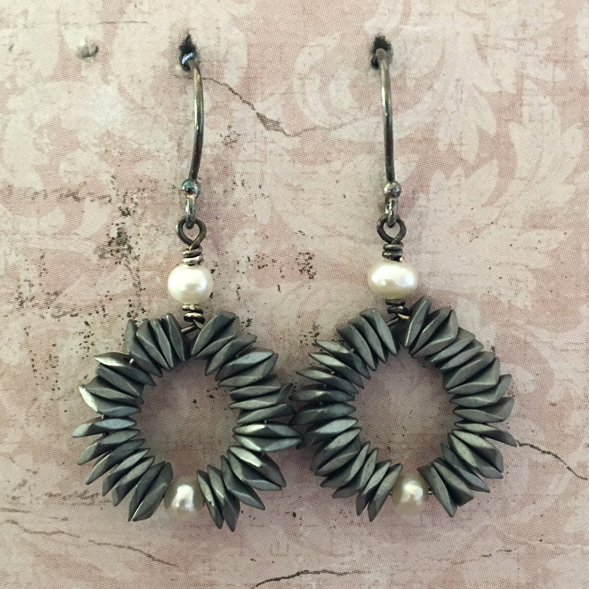 Haematite Hoop and Pearl Earrings