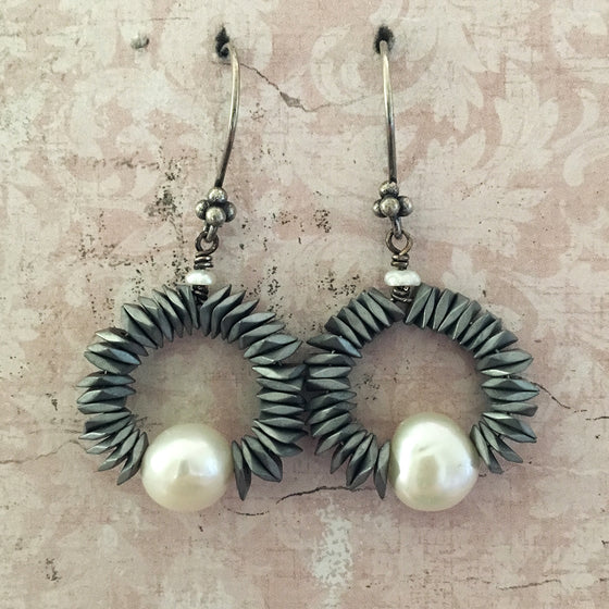 Haematite Hoop and Pearl Earrings