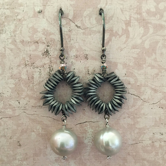 Haematite Hoop and Grey Pearl Earrings