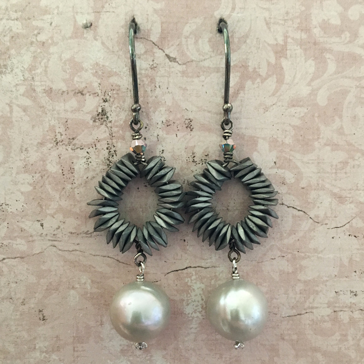 Haematite Hoop and Grey Pearl Earrings