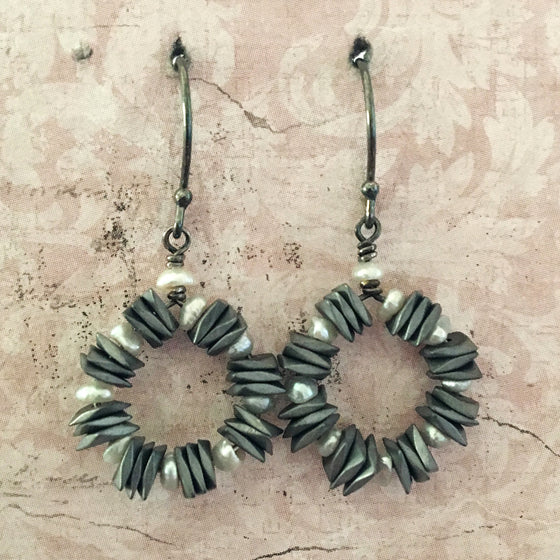 Haematite and Pearl Hoop Earrings