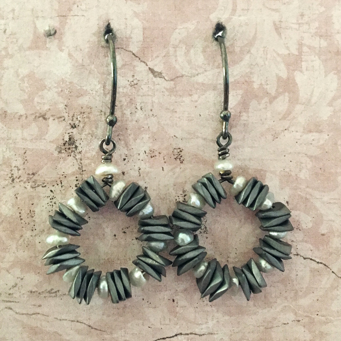 Haematite and Pearl Hoop Earrings