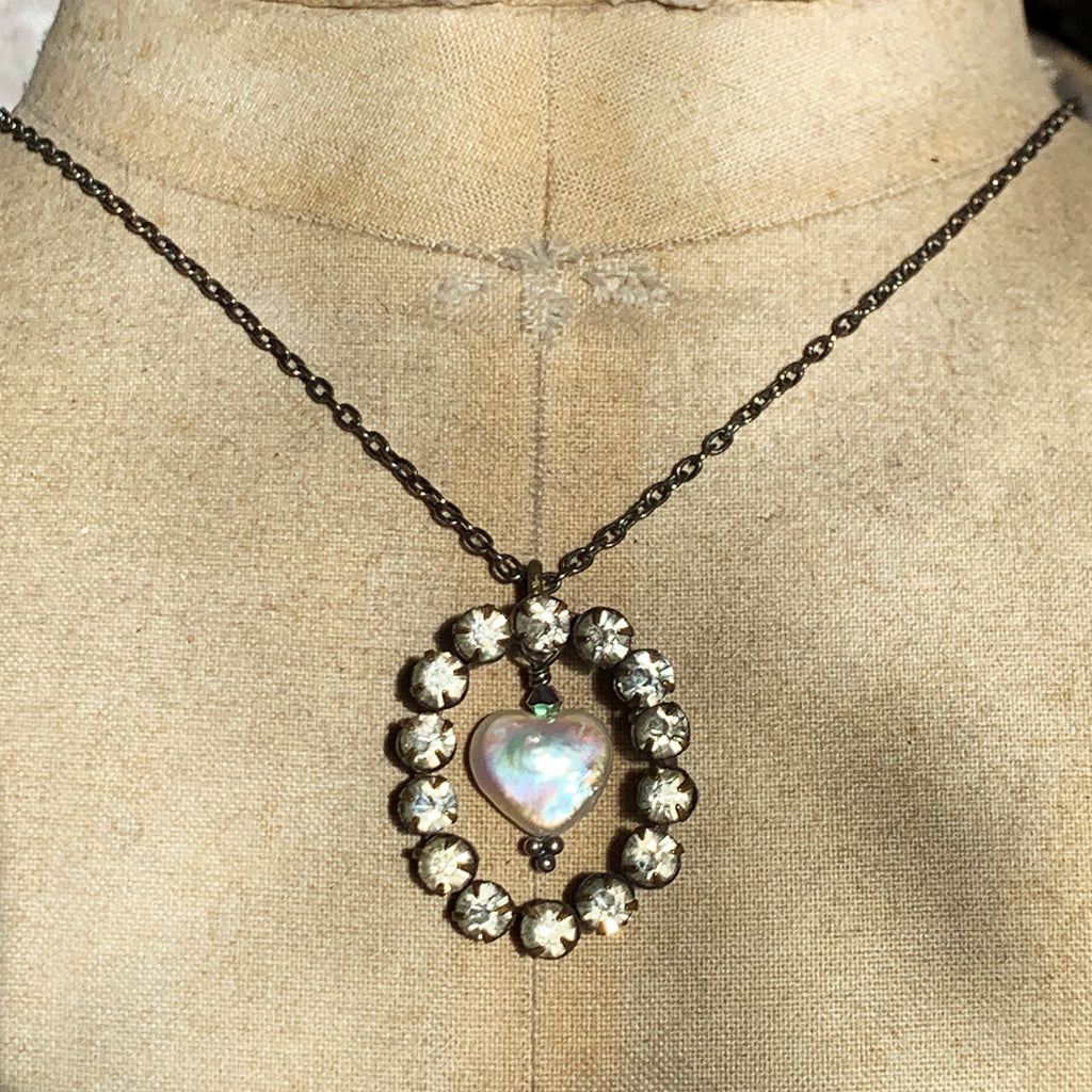 Vintage Diamante Oval with Freshwater Pearl Heart on Oxidised Silver Necklace