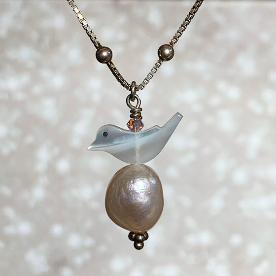 Mother of Pearl Bird on Large Ivory Baroque Pearl Necklace