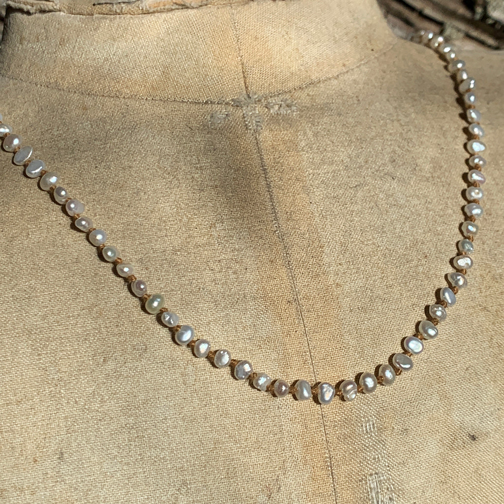 Tiny Baroque Pearls Knotted on Gold Thread Necklace