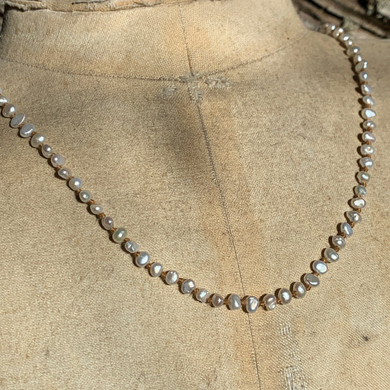 Tiny Baroque Pearls Knotted on Gold Thread Necklace
