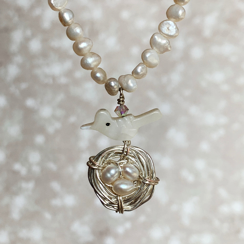 Tiny Baroque Pearl with Mother of Pearl Bird and Nest Pendant Necklace