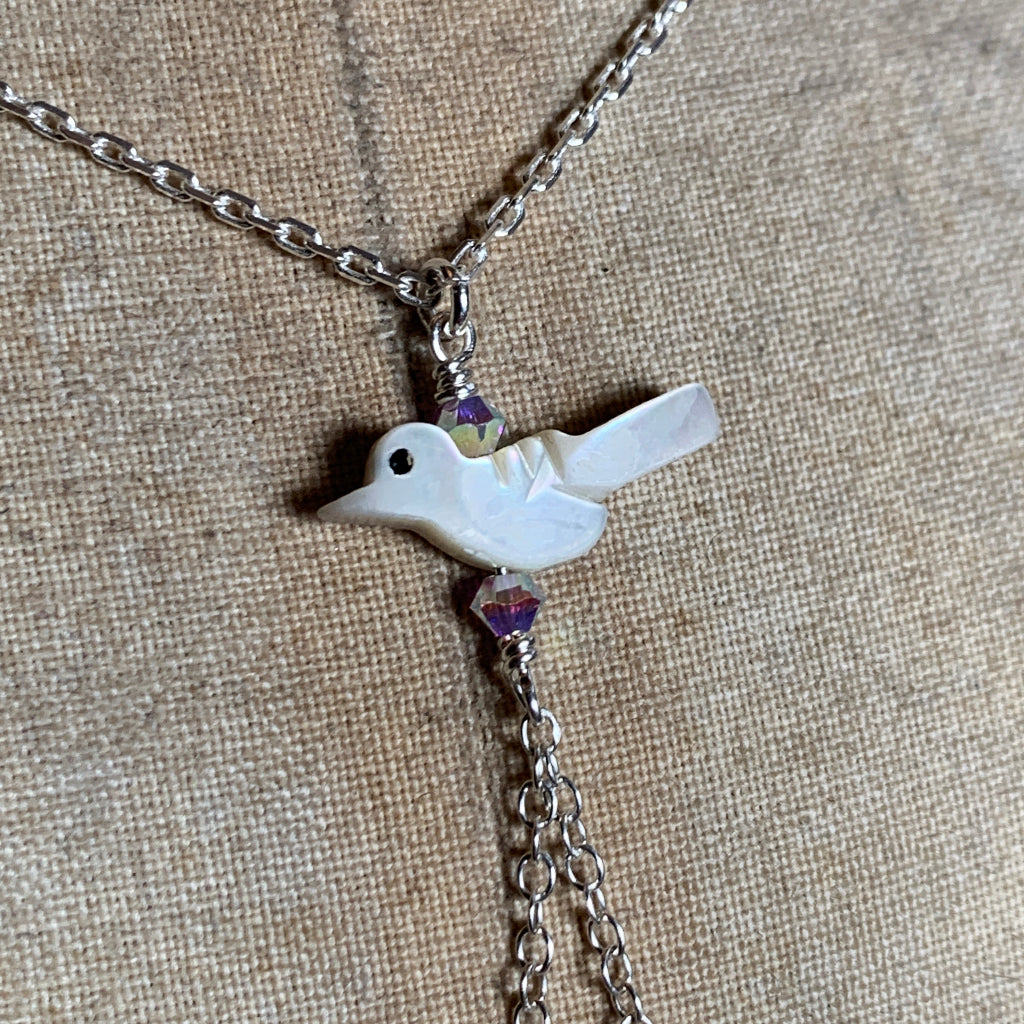 Mother of Pearl Bird with Freshwater Pearl Heart suspended on Silver Chain Necklace