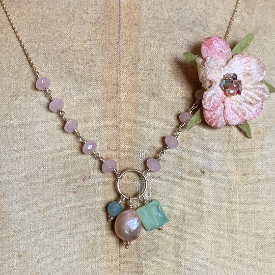 Vintage Pink Flower on a Pink Crystal & Chain Necklace with a Hoop & Cluster of Complementing Pearls, Gems & Beads