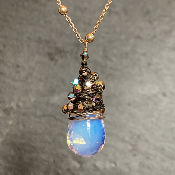 Opalite Raindrop Wire Wrapped with Swarovski Crystals on Silver Chain Necklace