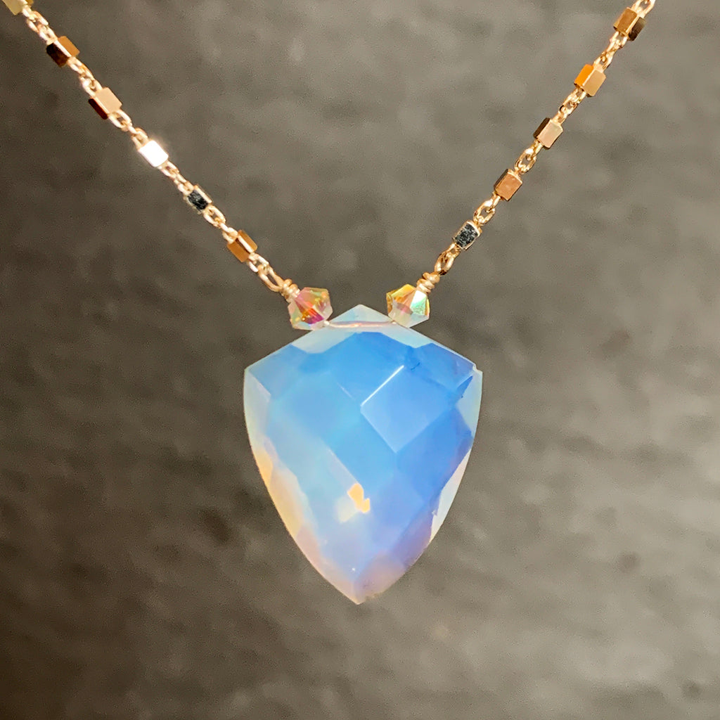 Faceted Opalite Shield on a Square Link Silver Chain Necklace