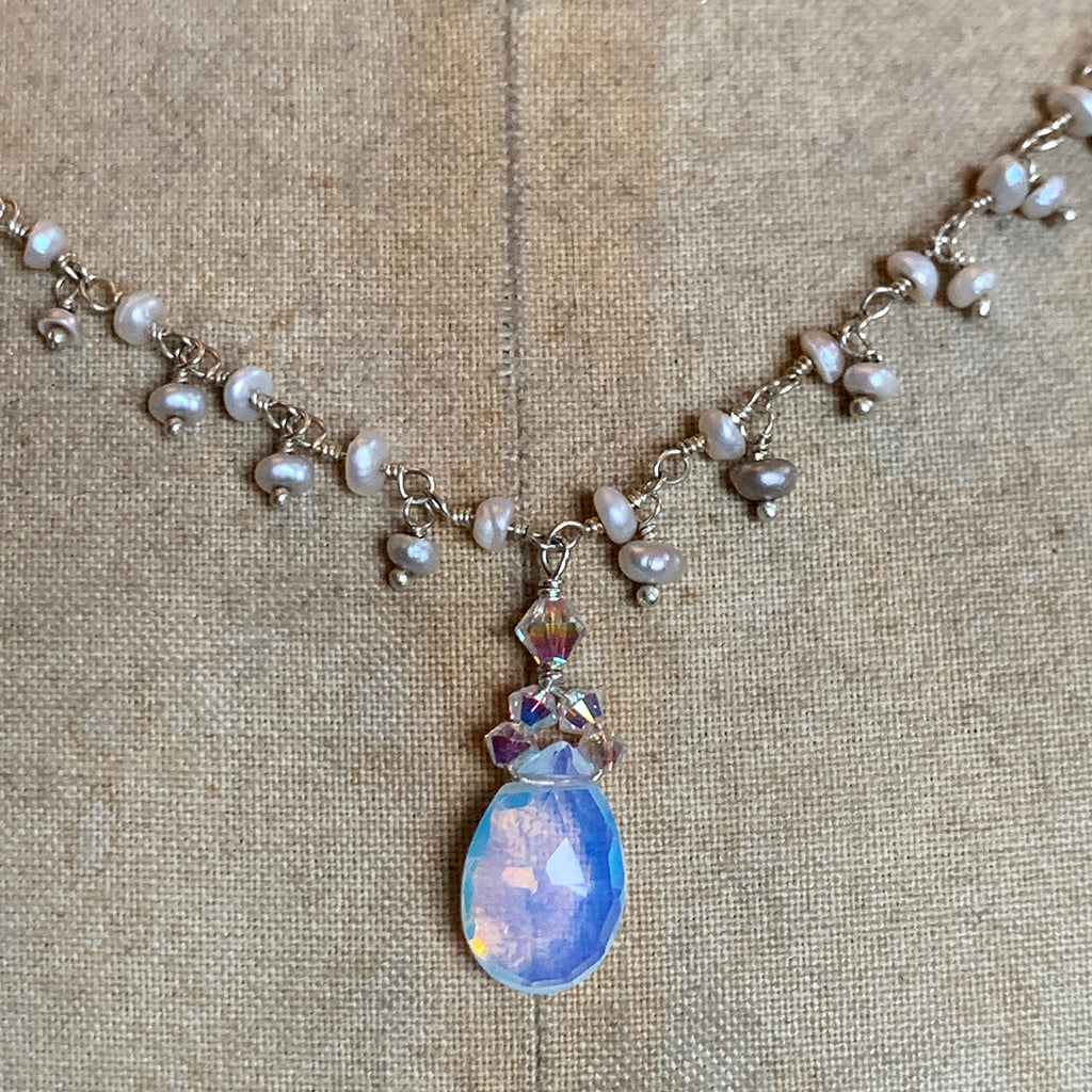 Faceted Opalite Teardrop on a Multi Pearl Chain Necklace