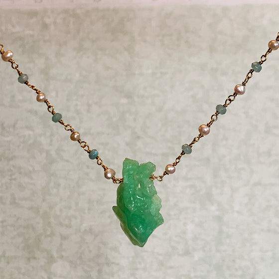 Chrysoprase Nugget on a Pearl and Aqua Chain Necklace