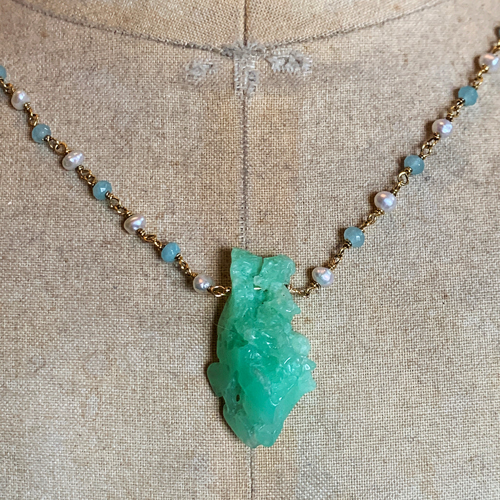 Chrysoprase Nugget on a Pearl and Aqua Chain Necklace