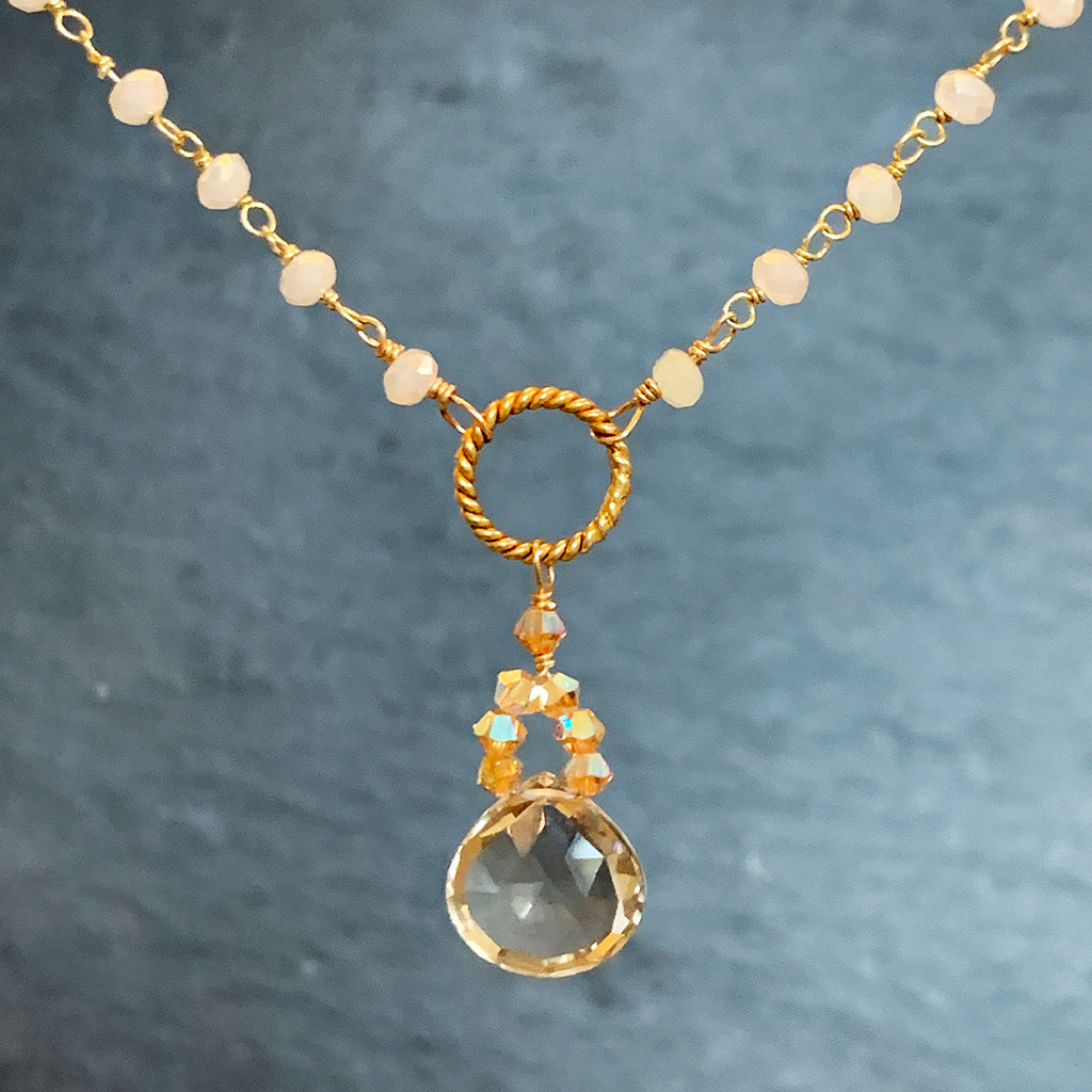 Champagne Quartz Faceted Briolette with Swarovski Crystals and Twisted Gold Hoop on a Crystal Chain Necklace