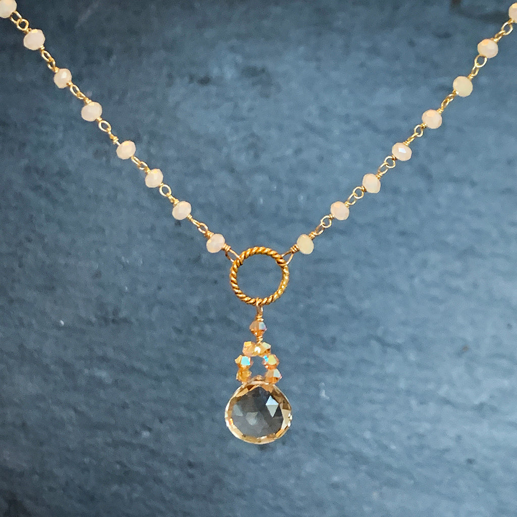 Champagne Quartz Faceted Briolette with Swarovski Crystals and Twisted Gold Hoop on a Crystal Chain Necklace