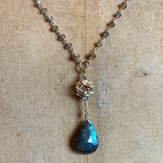 Faceted Labradorite on a Labradorite Beaded and Silver Chain Necklace with an Elaborate Silver Bead Ball