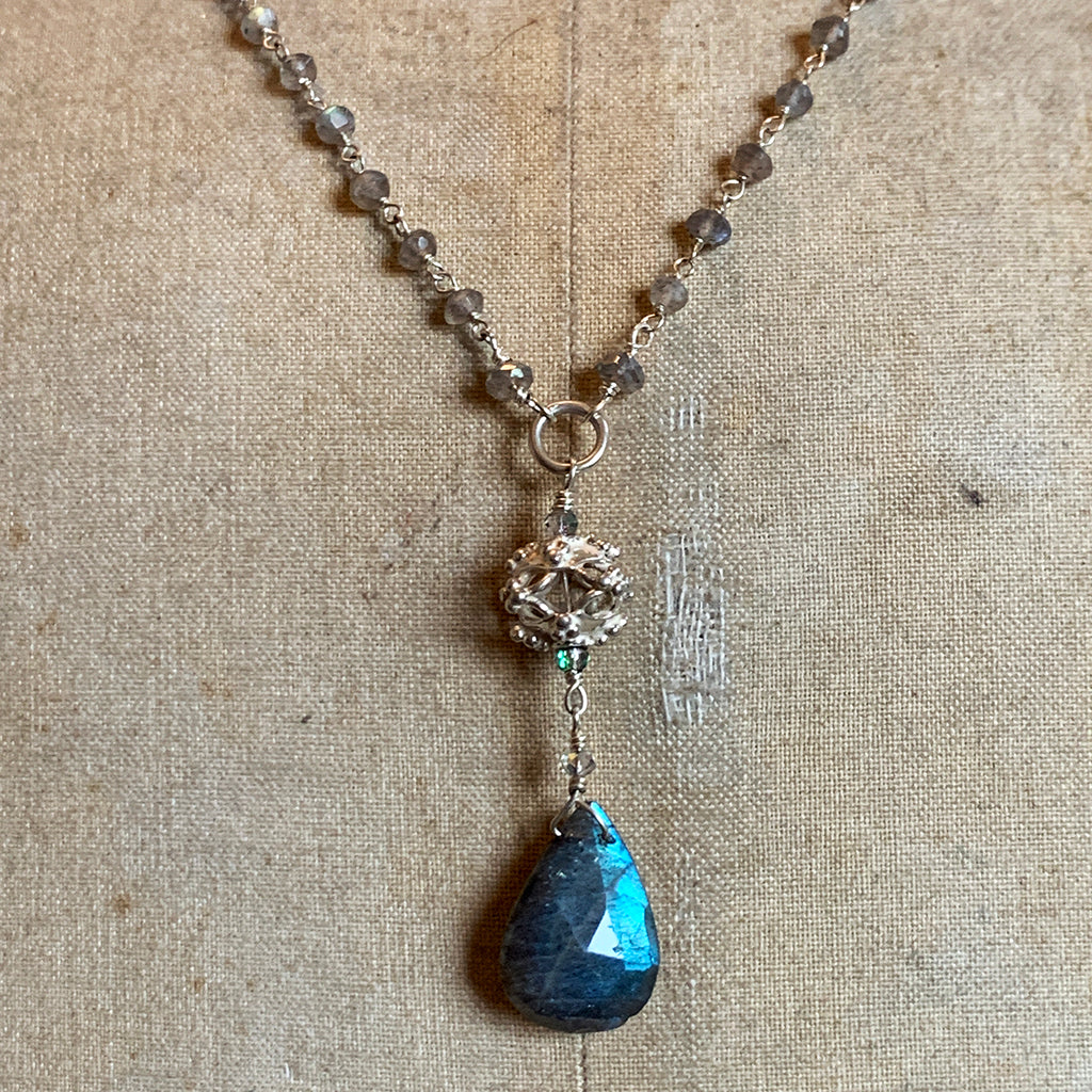 Faceted Labradorite on a Labradorite Beaded and Silver Chain Necklace with an Elaborate Silver Bead Ball