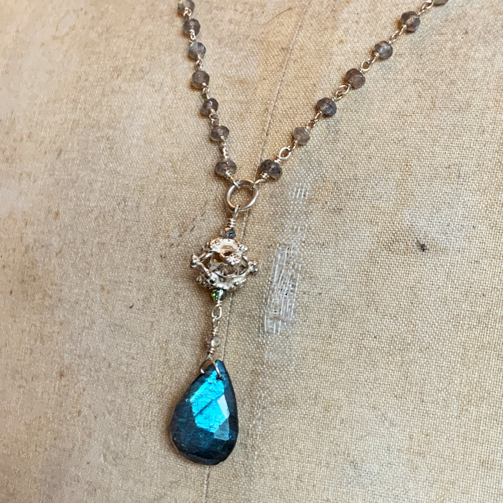 Faceted Labradorite on a Labradorite Beaded and Silver Chain Necklace with an Elaborate Silver Bead Ball