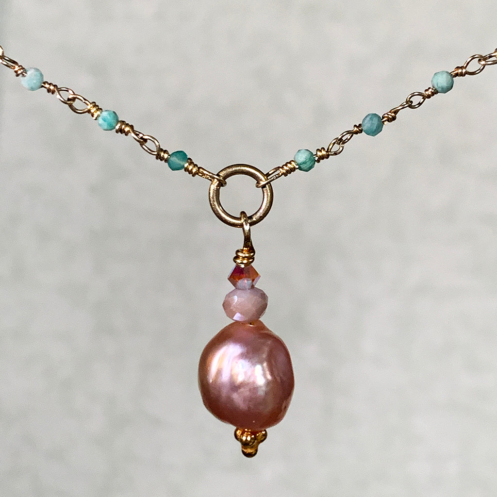 Pink Freshwater Pendant on Tiny Amazonite Chain Necklace