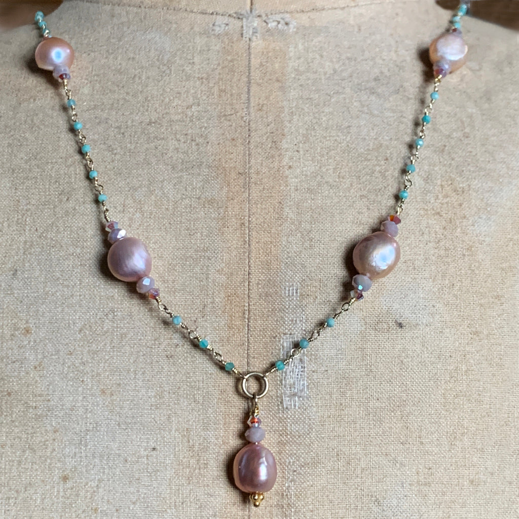 Pink Freshwater Pendant on Tiny Amazonite Chain Necklace
