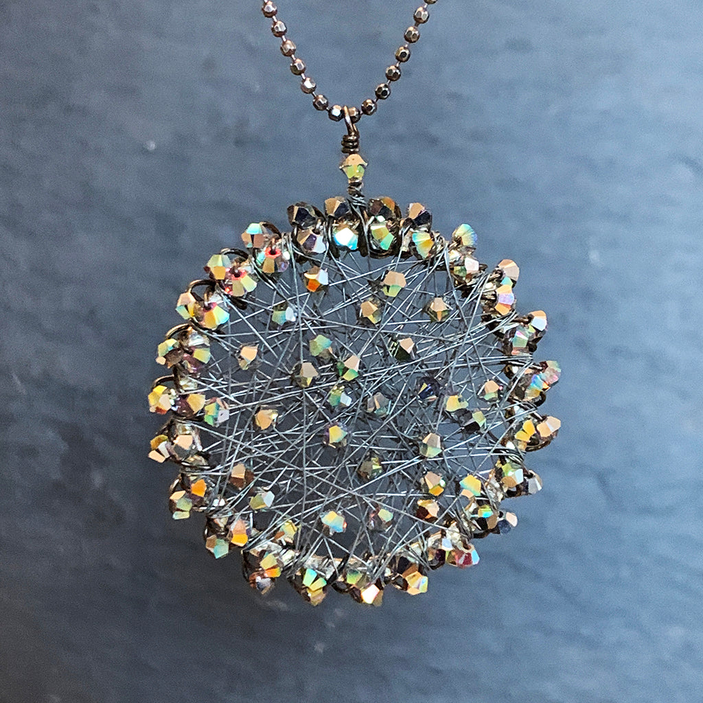 Large Cobweb Crystal Halo in Oxidised Silver & Swarovski Mirror Crystals Necklace