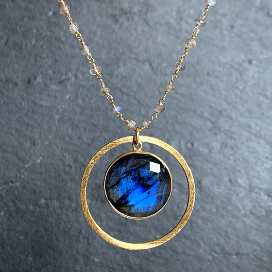 Stunning Round Labradorite in Gold Halo on Labradorite Stone Chain Necklace