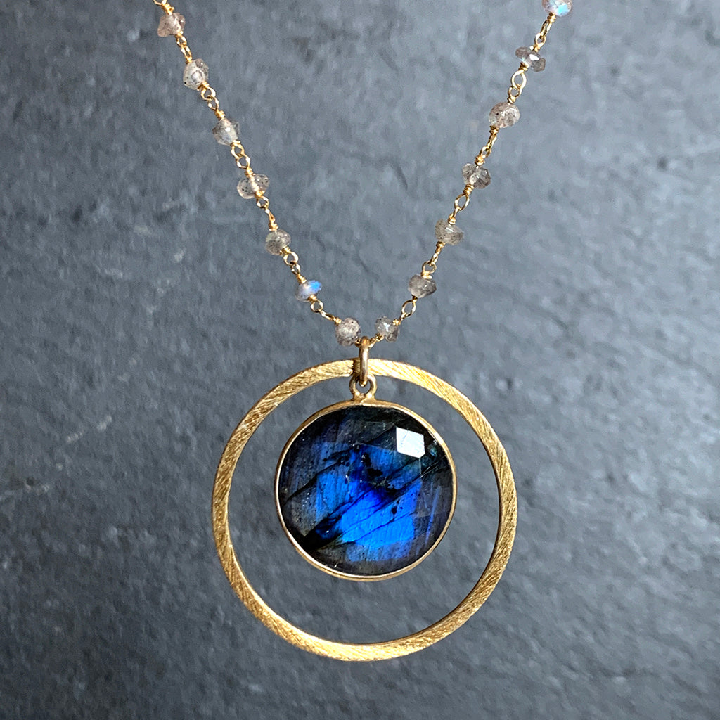 Stunning Round Labradorite in Gold Halo on Labradorite Stone Chain Necklace
