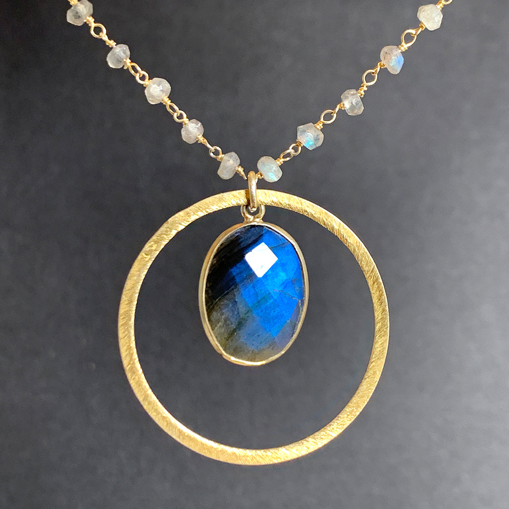 Oval Faceted Labradorite in Gold Halo on Labradorite Stone Chain Necklace