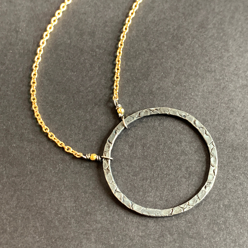 Oxidised Silver Halo on Gold Chain Necklace