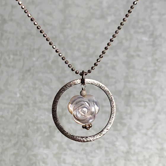 Mother of Pearl Rose in Oxidised Silver Halo on Beaded Chain Necklace