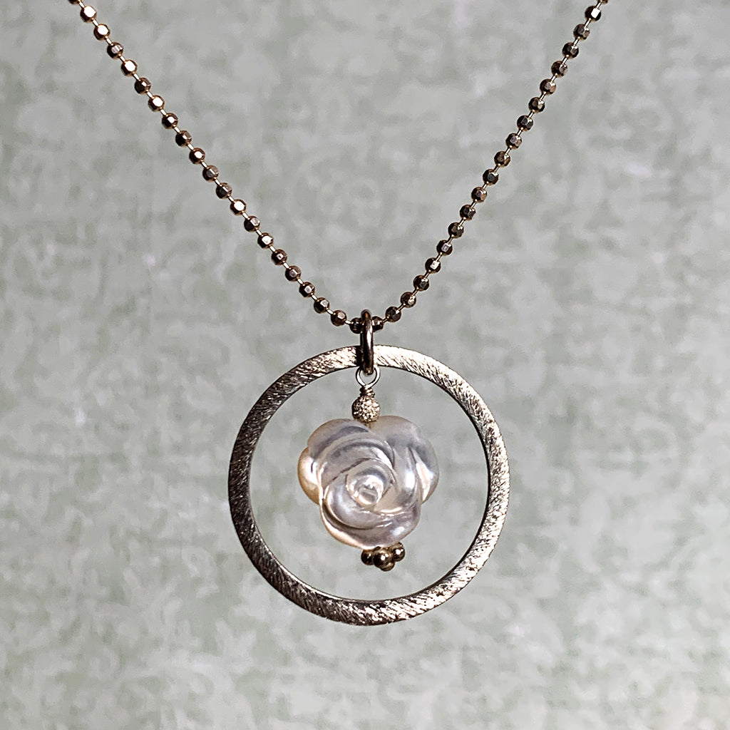 Mother of Pearl Rose in Oxidised Silver Halo on Beaded Chain Necklace