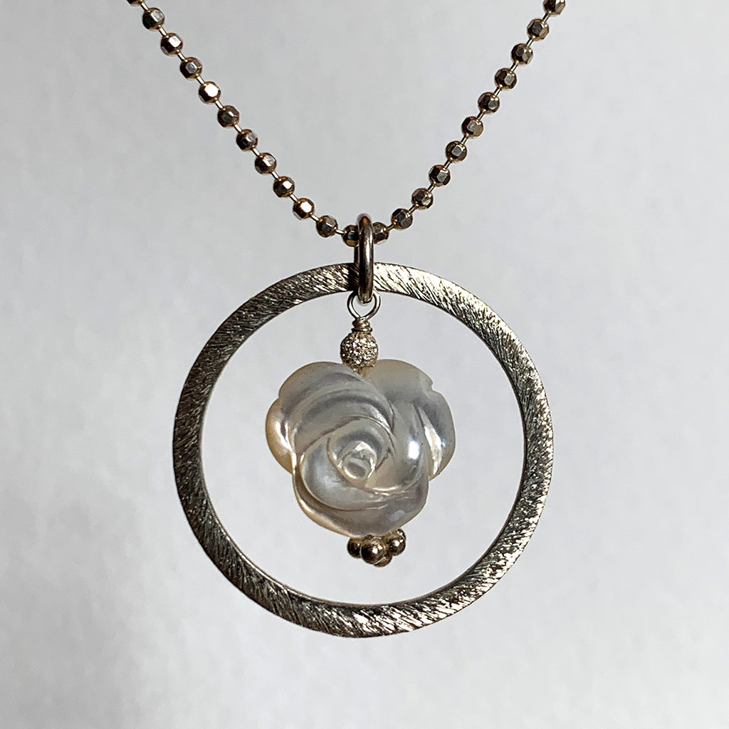 Mother of Pearl Rose in Oxidised Silver Halo on Beaded Chain Necklace